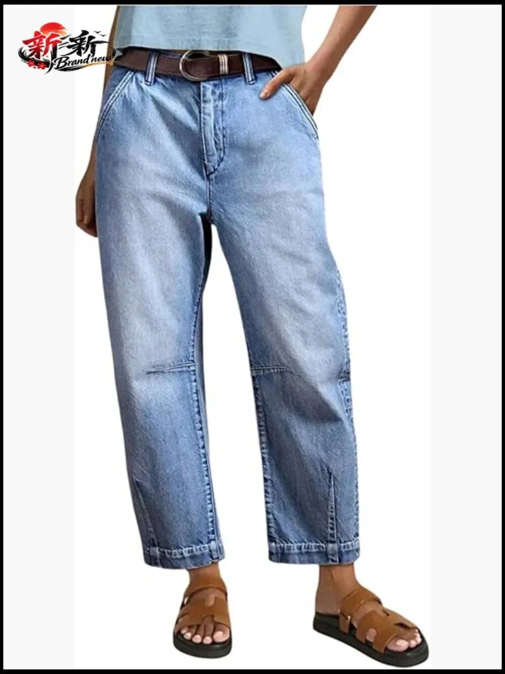 Mid Rise Cropped Barrel Jeans with Pockets Streetwear